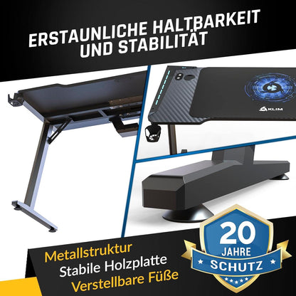 Gaming Tisch 120 x 60 cm mit Kabelmanagement und Mousepad - Schwarz