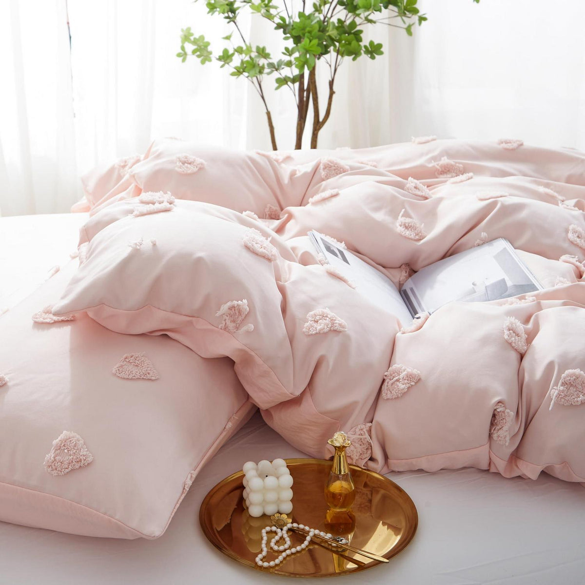 Boho Bettwäsche Set Rosa 220x240 mit Stickerei & Getuftung