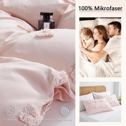 Boho Bettwäsche Set Rosa 220x240 mit Stickerei & Getuftung