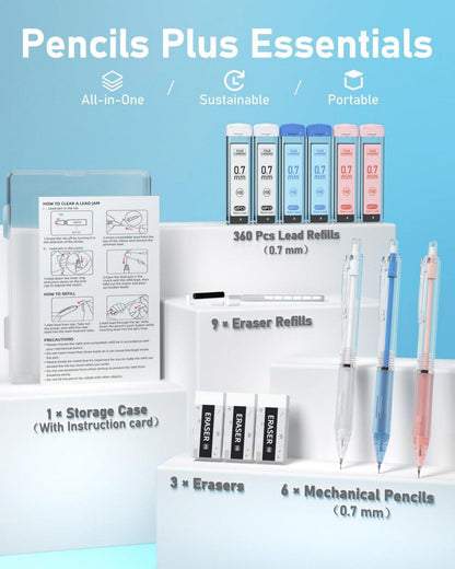 Mechanisches Bleistiftset 0,7 mm: 3 Stifte, 360 Minen, 9