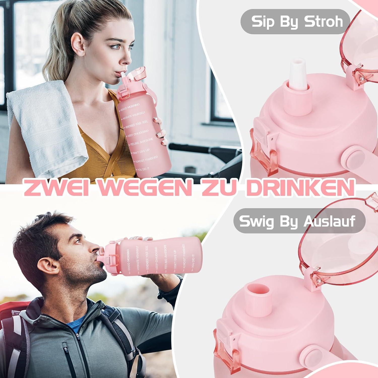 2L Trinkflasche mit Strohhalm BPA-frei Auslaufsicher Zeitmarkierung Rosa