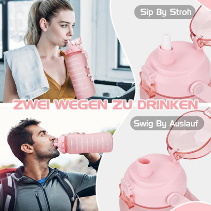 2L Trinkflasche mit Strohhalm BPA-frei Auslaufsicher Zeitmarkierung Rosa