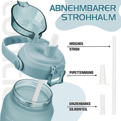 2L Trinkflasche mit Strohhalm und Zeitmarkierung Grün