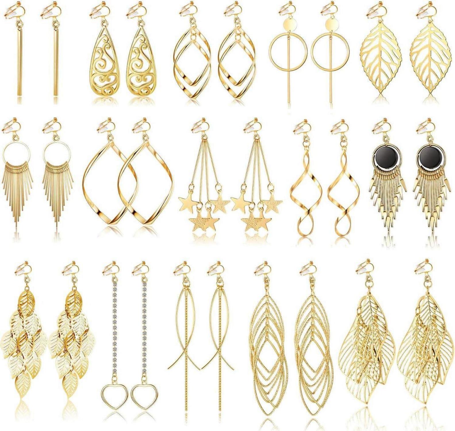 15 Paar Boho Hängend Ohrringe Clip Set Gold Tropfen Quaste Twig Blatt