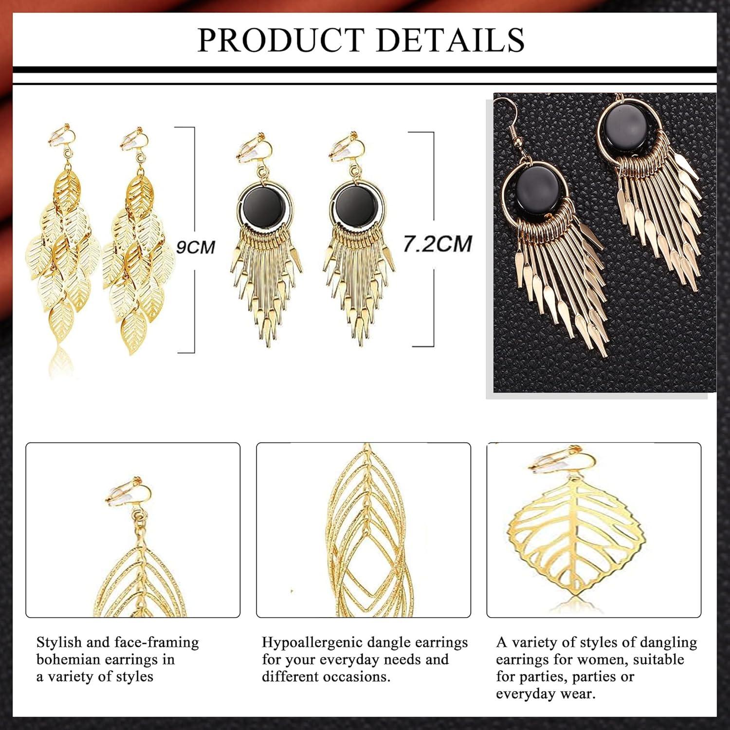 15 Paar Boho Hängend Ohrringe Clip Set Gold Tropfen Quaste Twig Blatt