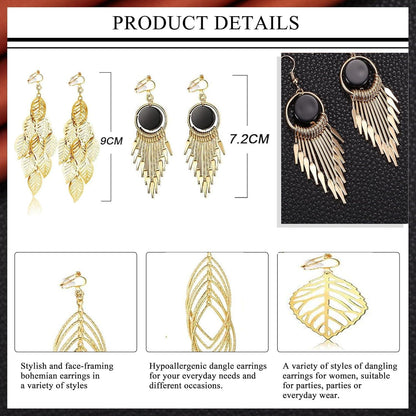 15 Paar Boho Hängend Ohrringe Clip Set Gold Tropfen Quaste Twig Blatt