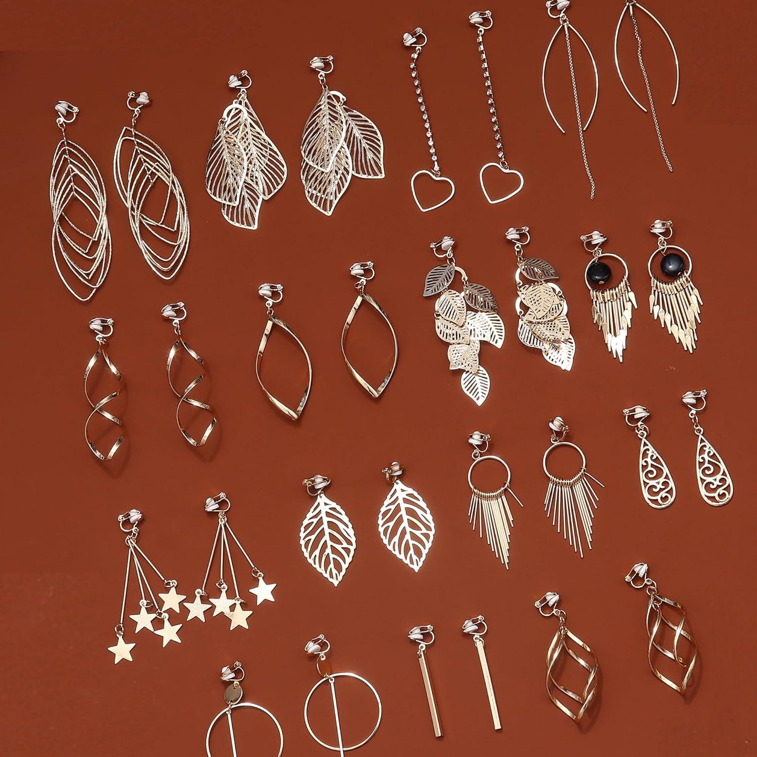 15Paar Ohrclips Boho Hängend Twist Lang Tropfen Quaste Gold Baumeln