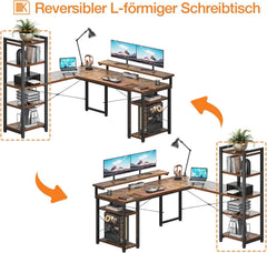 Eckschreibtisch mit Regal L-Form Monitorständer Vintage Braun