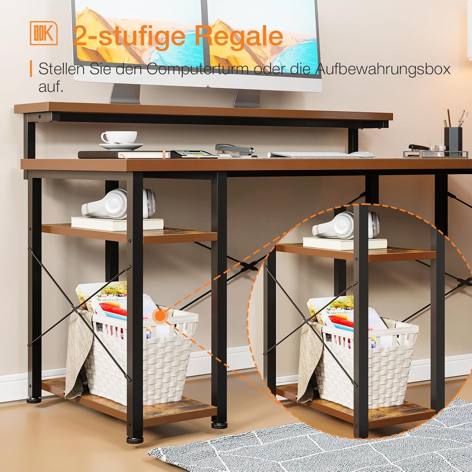 Eckschreibtisch mit Regal, Monitorständer Vintage Braun 155×140cm