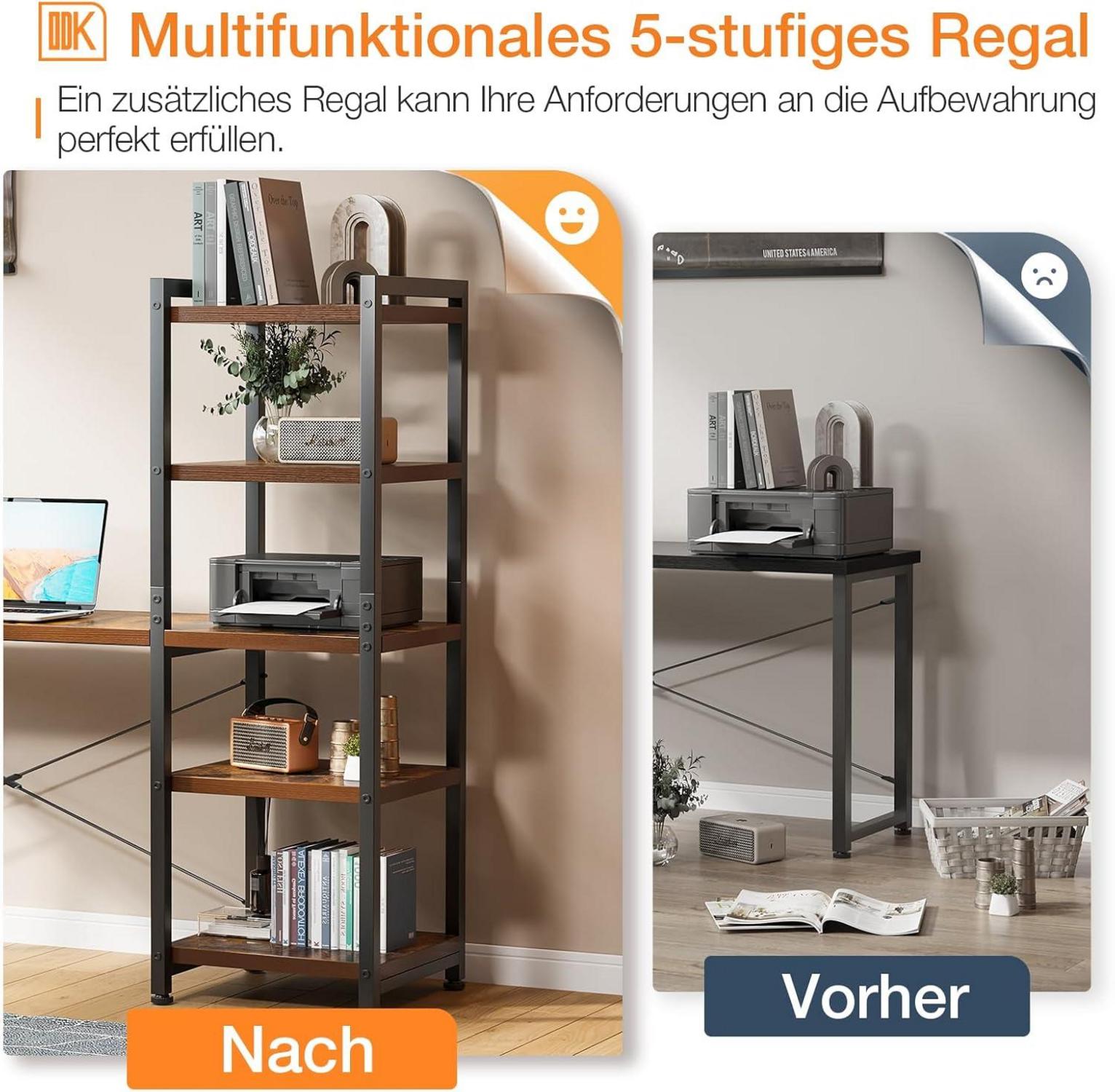 Eckschreibtisch L-Form Vintage Braun mit Regal und Monitorständer