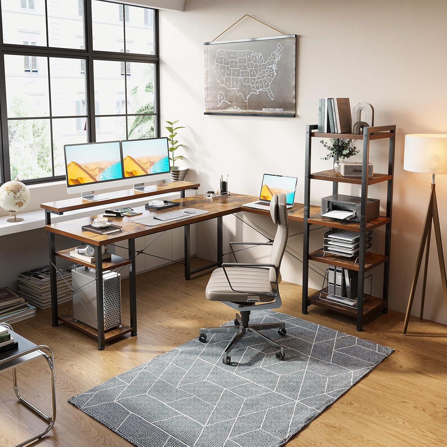 Eckschreibtisch mit Regal, Monitorständer Vintage Braun 155×140cm