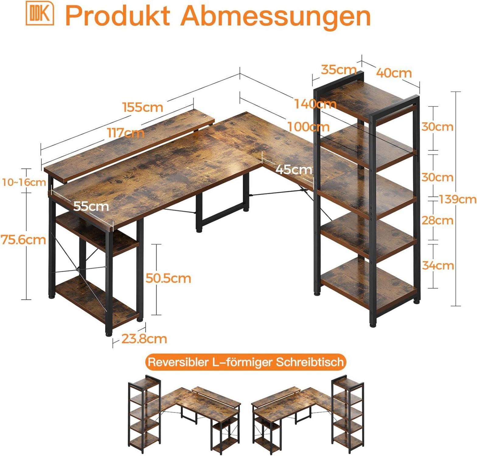 ODK L-förmiger Eckschreibtisch mit 5-stufigem Regal Vintage Braun 155×140cm