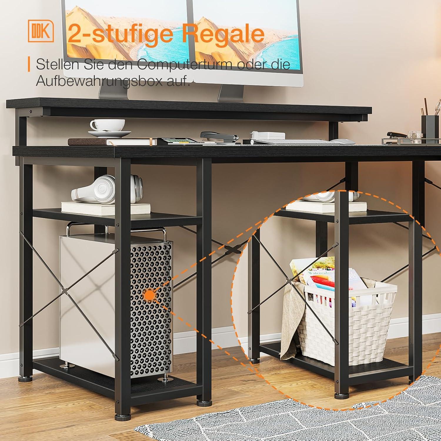 L-förmiger Schreibtisch mit 5-stufigem Regal, Monitorständer, Schwarz 155x140cm