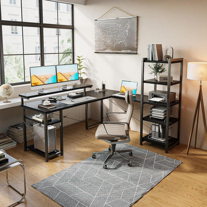 Eckschreibtisch L-Form mit Regal und Monitorständer, Schwarz 155×140cm
