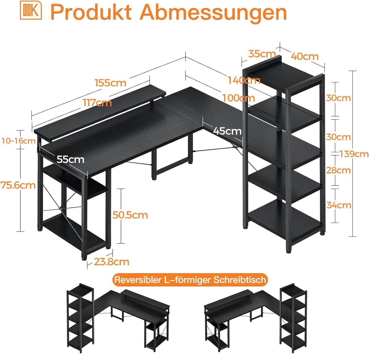 L-förmiger Schreibtisch mit 5-stufigem Regal, Monitorständer, Schwarz 155x140cm