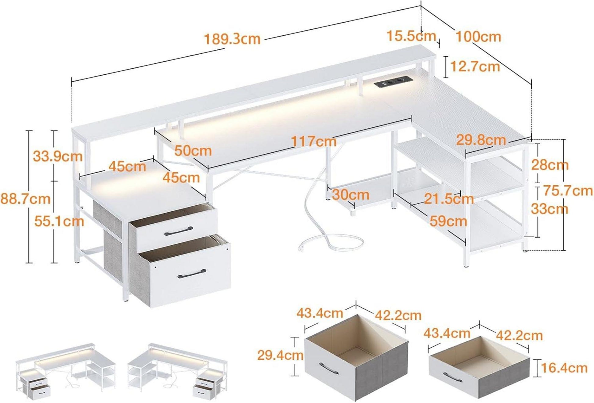 Großer L-förmiger Schreibtisch LED Beleuchtung 117cm