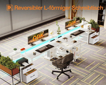 ODK Eckschreibtisch L Form LED Stauraum Weiß 189.3×100 cm
