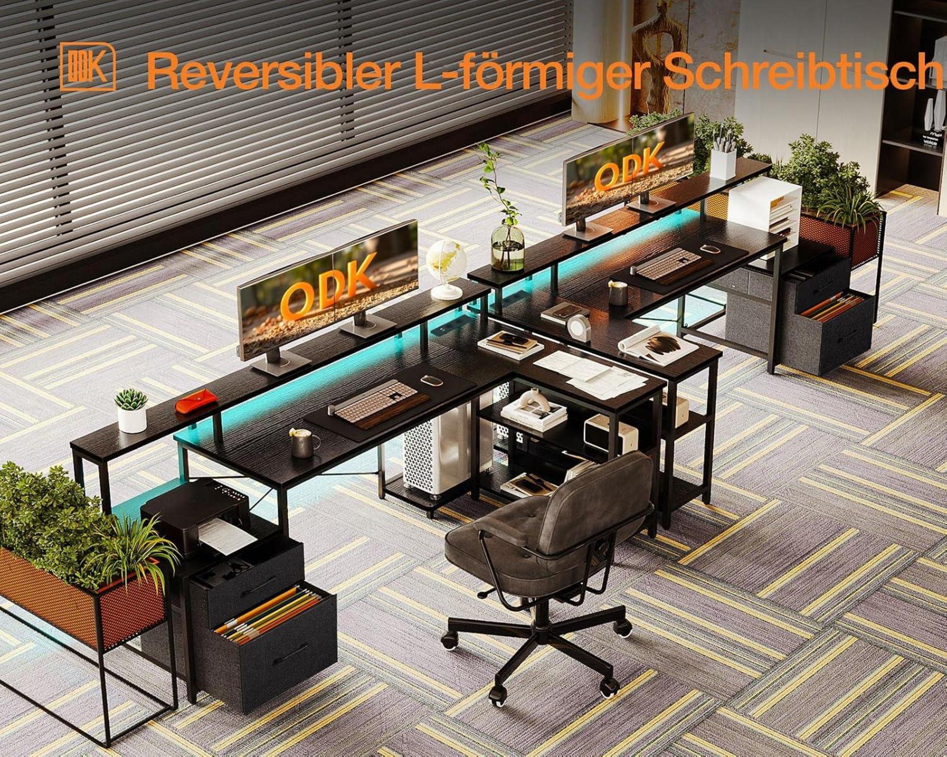 L-förmiger Schreibtisch mit Schubladen und LED-Beleuchtung, Schwarz
