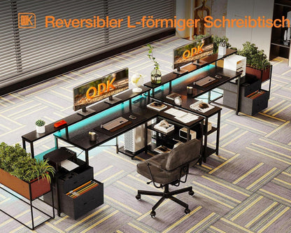 L-förmiger Schreibtisch mit Schubladen und LED-Beleuchtung, Schwarz