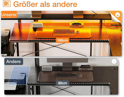 L-förmiger Schreibtisch mit Schubladen und LED-Beleuchtung, Schwarz