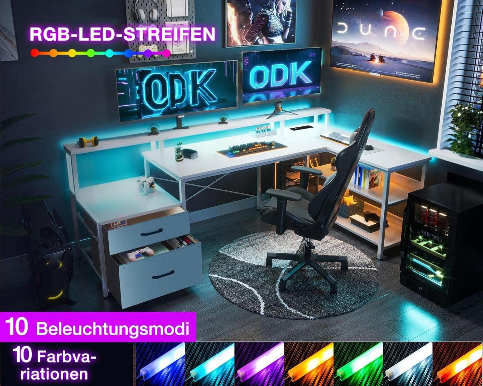 ODK LED Schreibtisch mit USB-Steckdosen, reversibel, groß, L-Form, weiß 172.5cm
