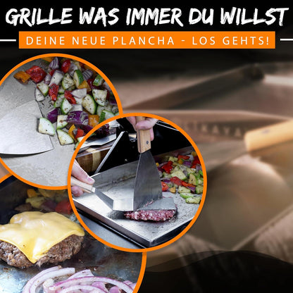 Grillplatte/Plancha aus massivem V2A Edelstahl, inkl. 2 Grillspachteln