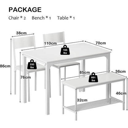 Esstisch-Set für 4 Personen mit Bank & Stühlen – Weiß
