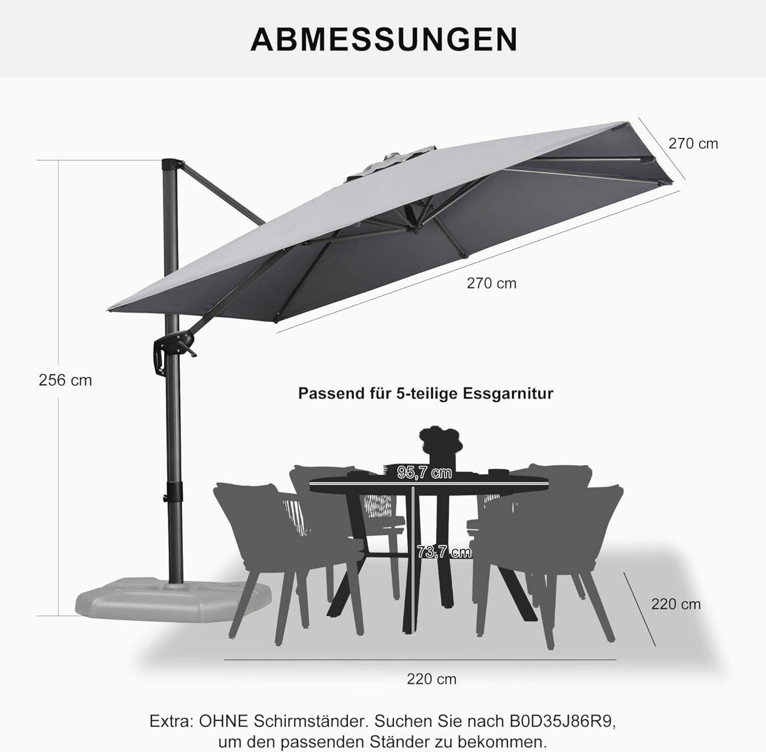 Ampelschirm 270x270cm, Sonnenschirm Kurbel Aluminiumgestell UV-beständig