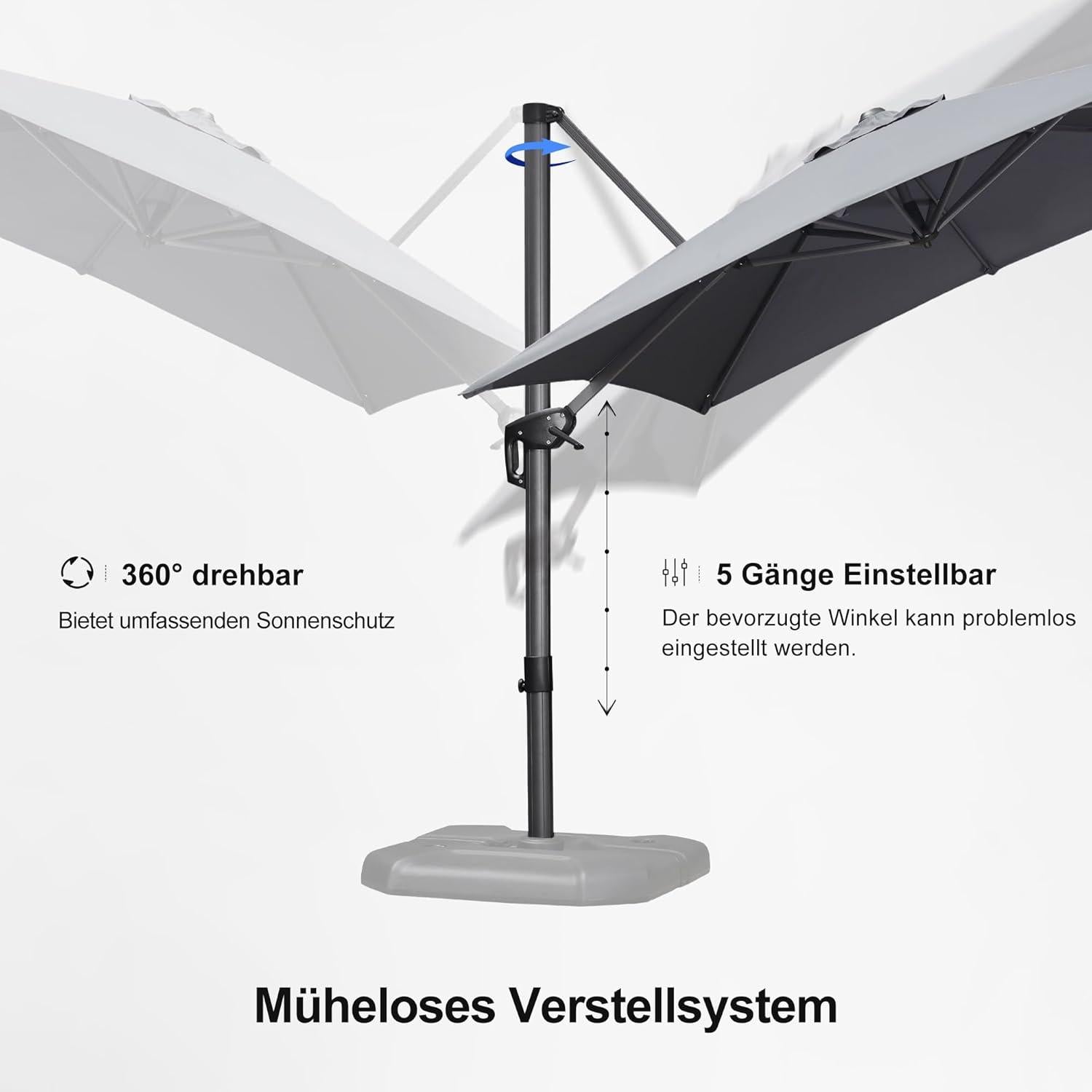 Ampelschirm Aluminium 250x250cm UV-beständig 360° drehbar Hellgrau