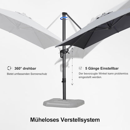 Ampelschirm Aluminium 250x250cm UV-beständig 360° drehbar Hellgrau