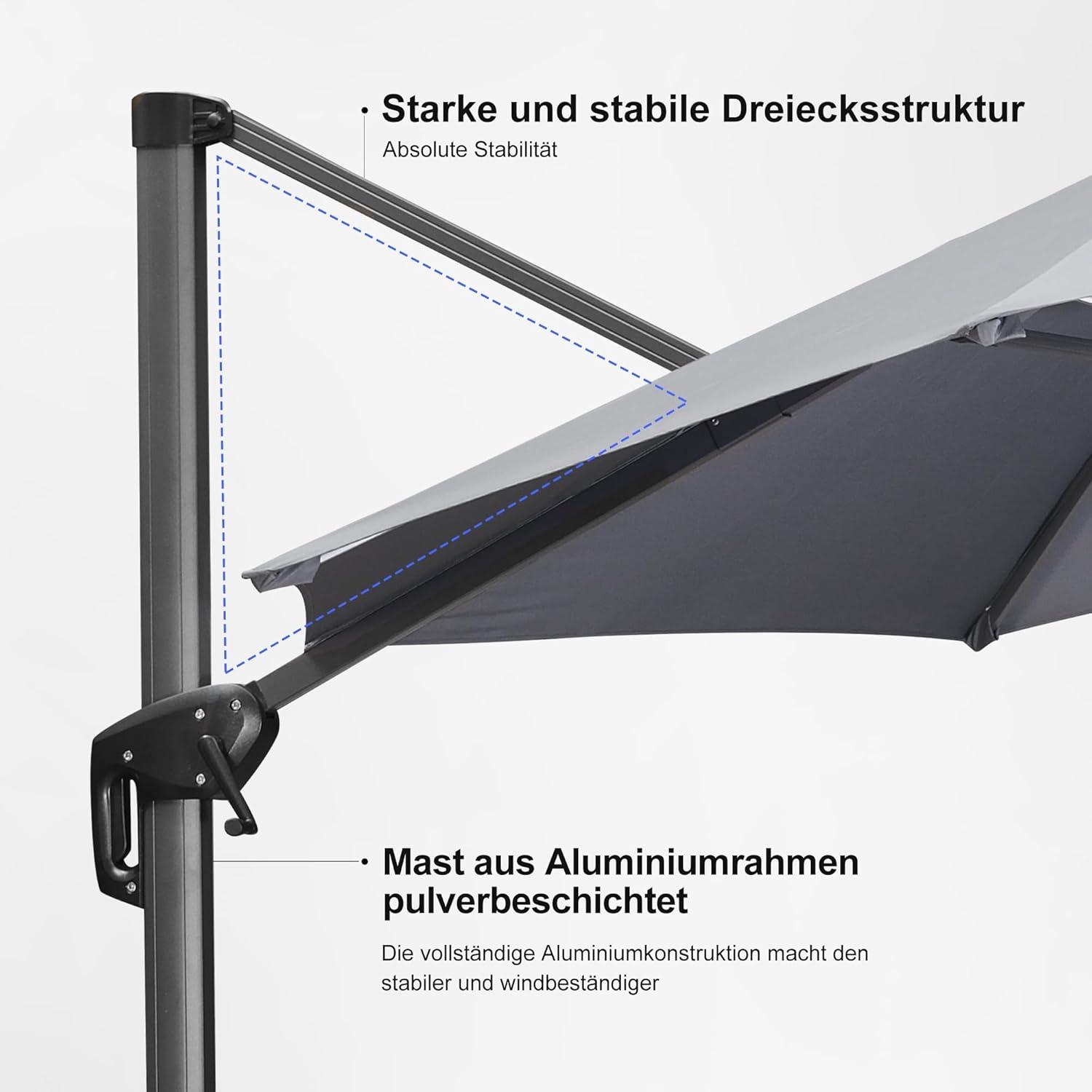 ALU Ampelschirm 250x250cm Kurbel Quadratisch Gartenschirm UV-beständig