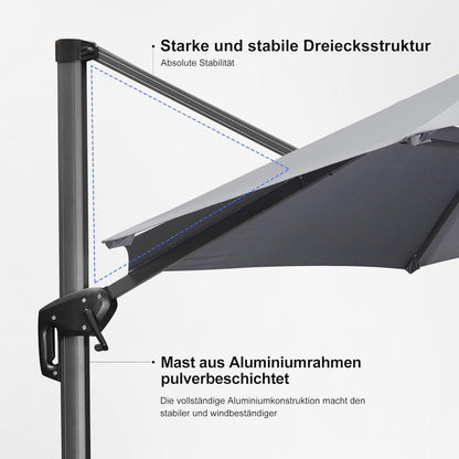 ALU Ampelschirm 250x250cm Kurbel Quadratisch Gartenschirm UV-beständig