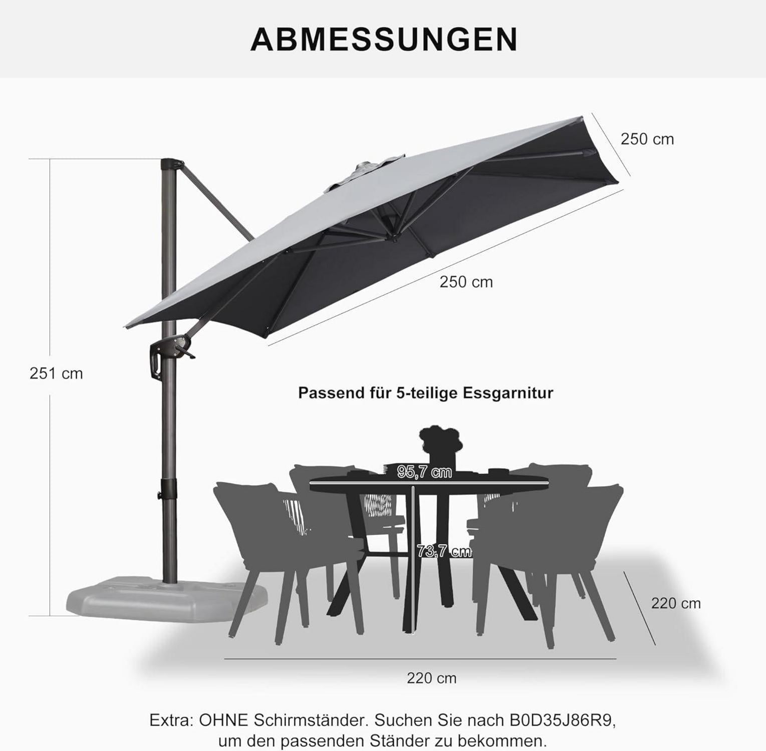 Ampelschirm 250x250 cm Sonnenschirm Kurbel Alu Gartenschirm UV-beständig