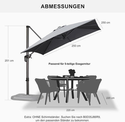 Ampelschirm 250x250 cm Sonnenschirm Kurbel Alu Gartenschirm UV-beständig