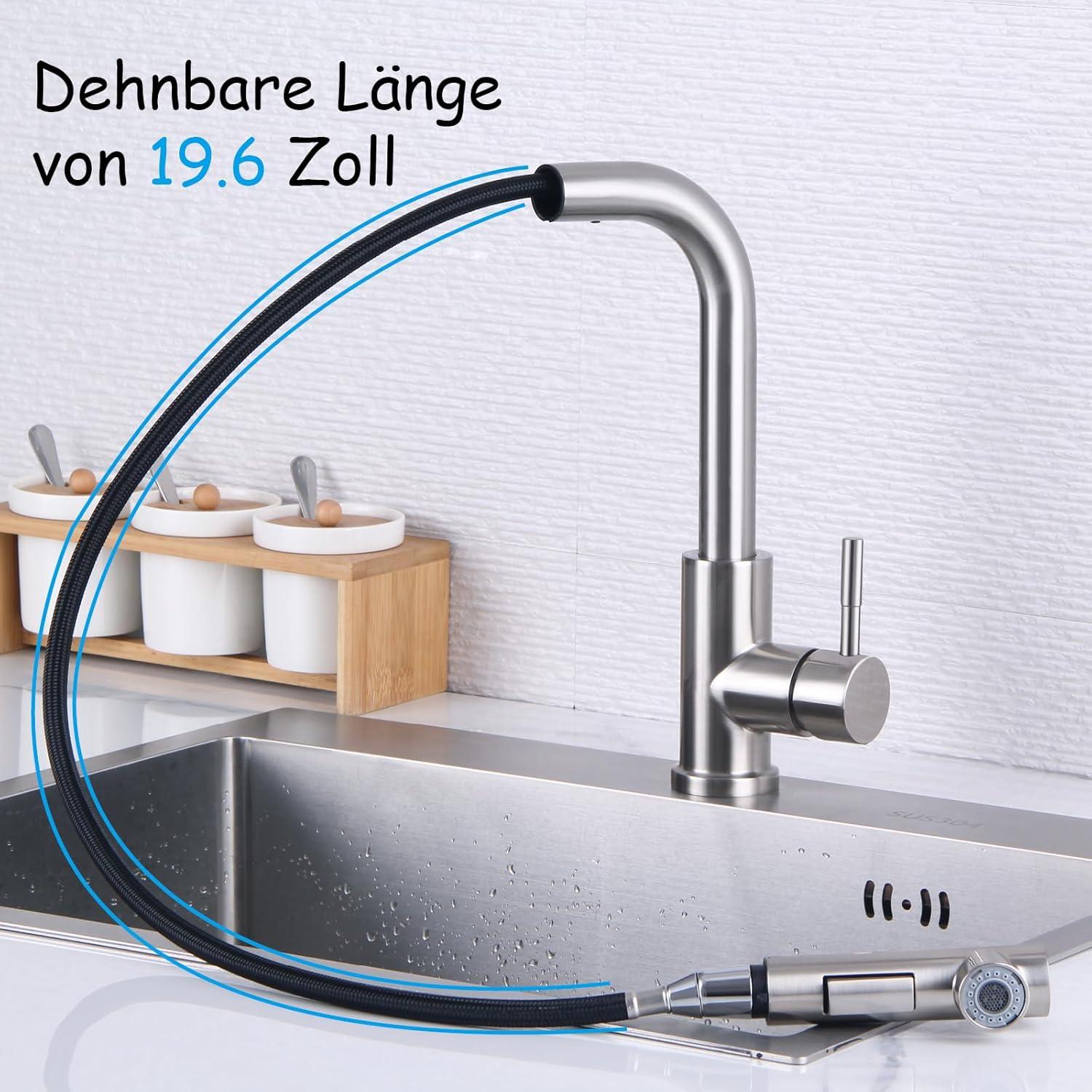 HOTTIST Wasserhahn Küche 2 Modi Edelstahl 304 Ausziehbar 360° Drehbar