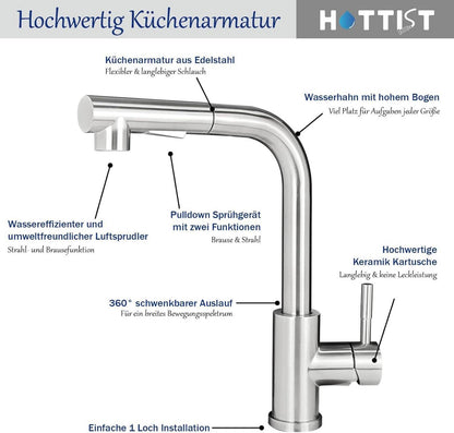 HOTTIST Wasserhahn Küche 2 Modi Edelstahl 304 Ausziehbar 360° Drehbar