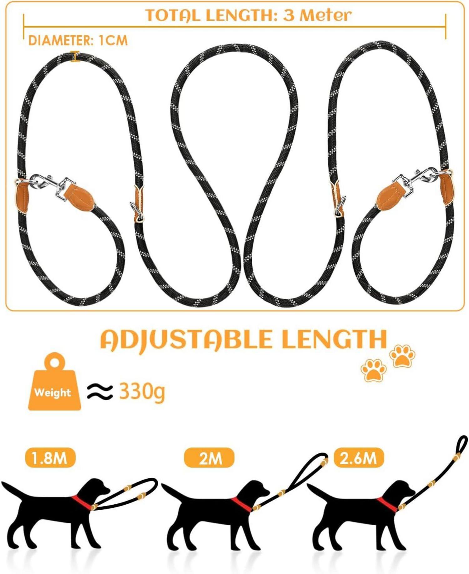 Hundeleine 3M Nylon Reflektierend Trainingsleine Doppelleine 2 Karabiner