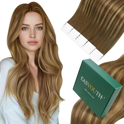 Echthaar Tape Extensions Braun Balayage Ombre 50cm