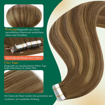 Echthaar Tape Extensions Braun Balayage Ombre 50cm