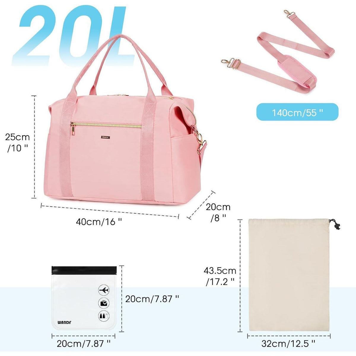 Handgepäcktasche 40x20x25cm mit Kulturtasche & Schuhtasche (Rosa)