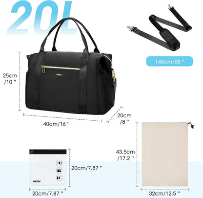 Handgepäck Reisetasche 40x20x25cm mit Kulturbeutel und Schuhtasche - Schwarz 20L
