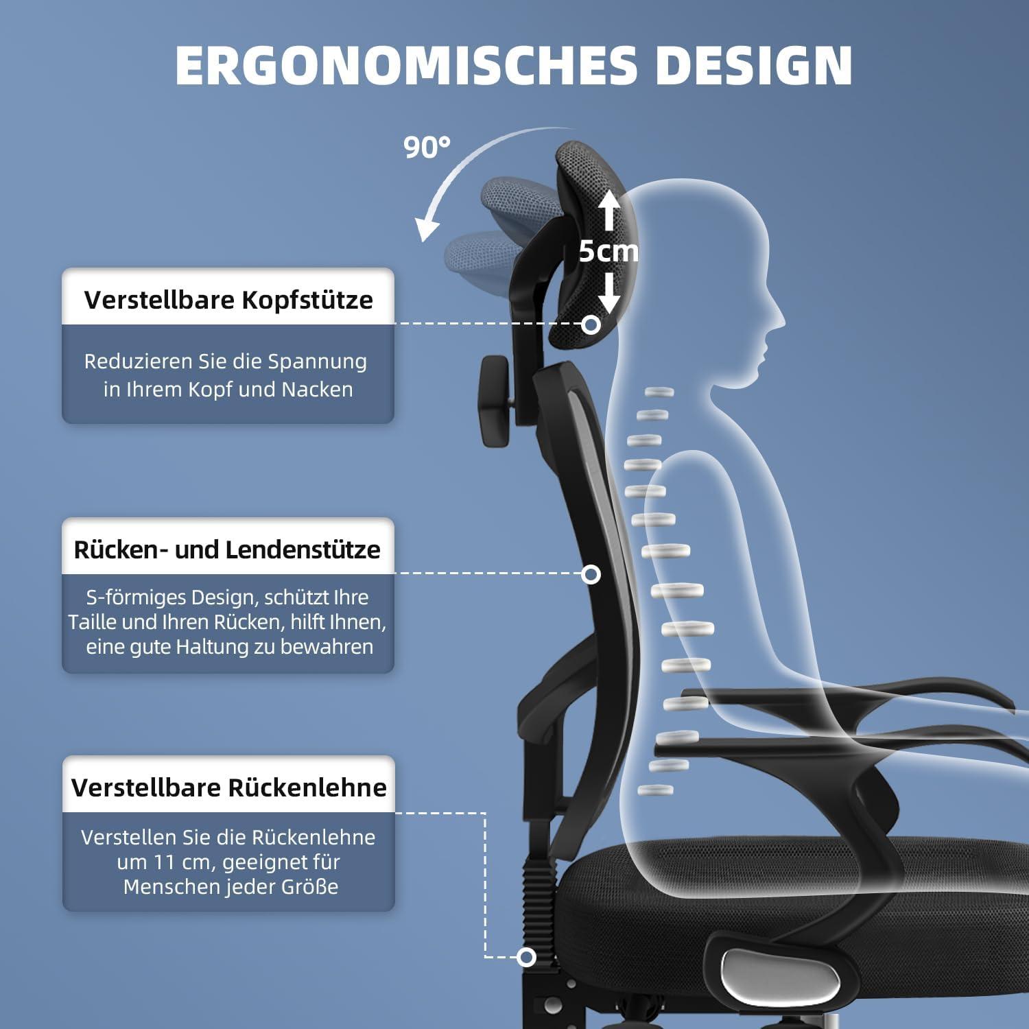 Ergonomischer Bürostuhl mit verstellbarer Rückenlehne & Kopfstütze