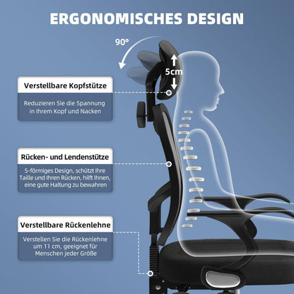Ergonomischer Bürostuhl mit verstellbarer Rückenlehne & Kopfstütze