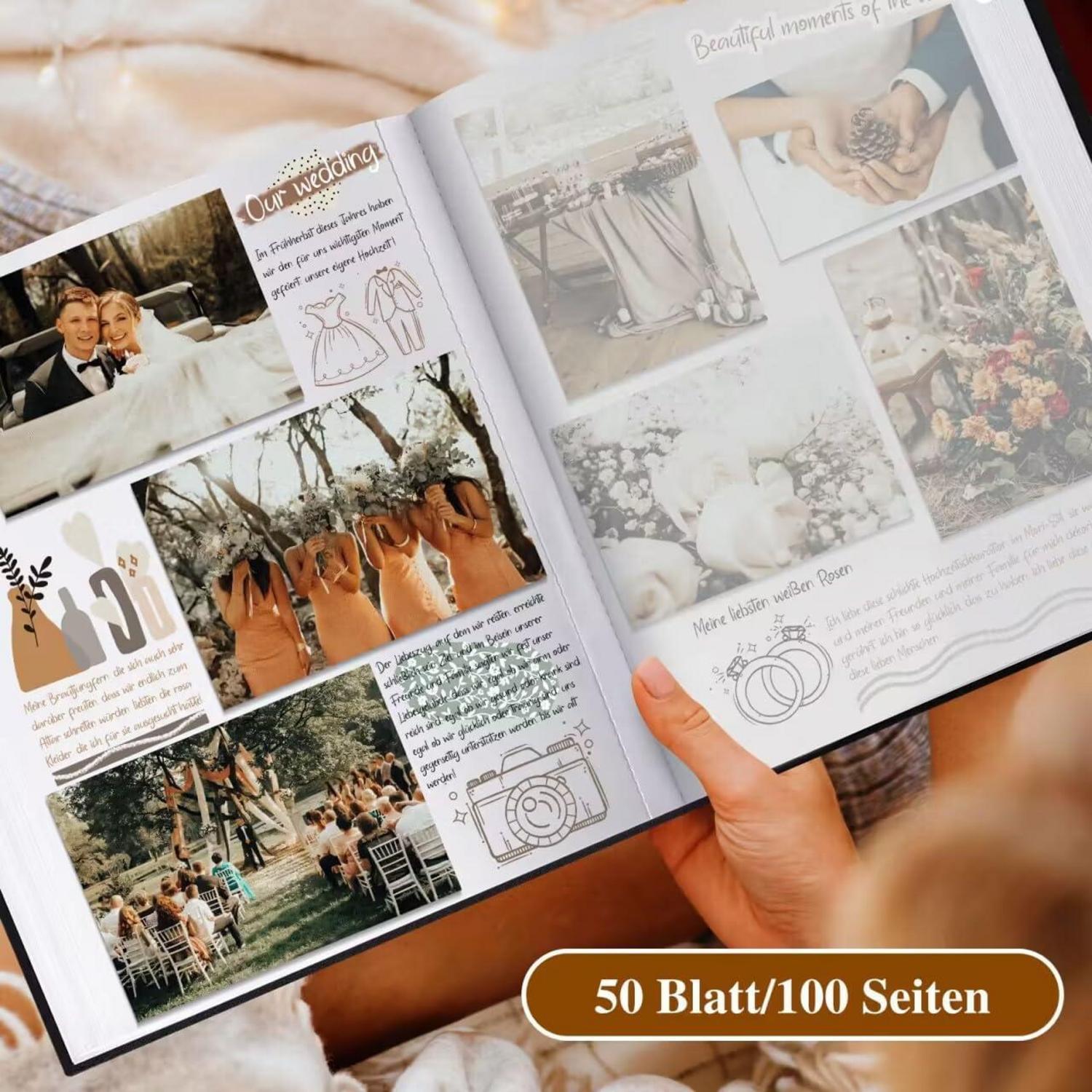 Fotoalbum zum Selbstgestalten, Großes Leinen Fotobuch mit 100 Seiten und Pergamin Trennblätter - Beige