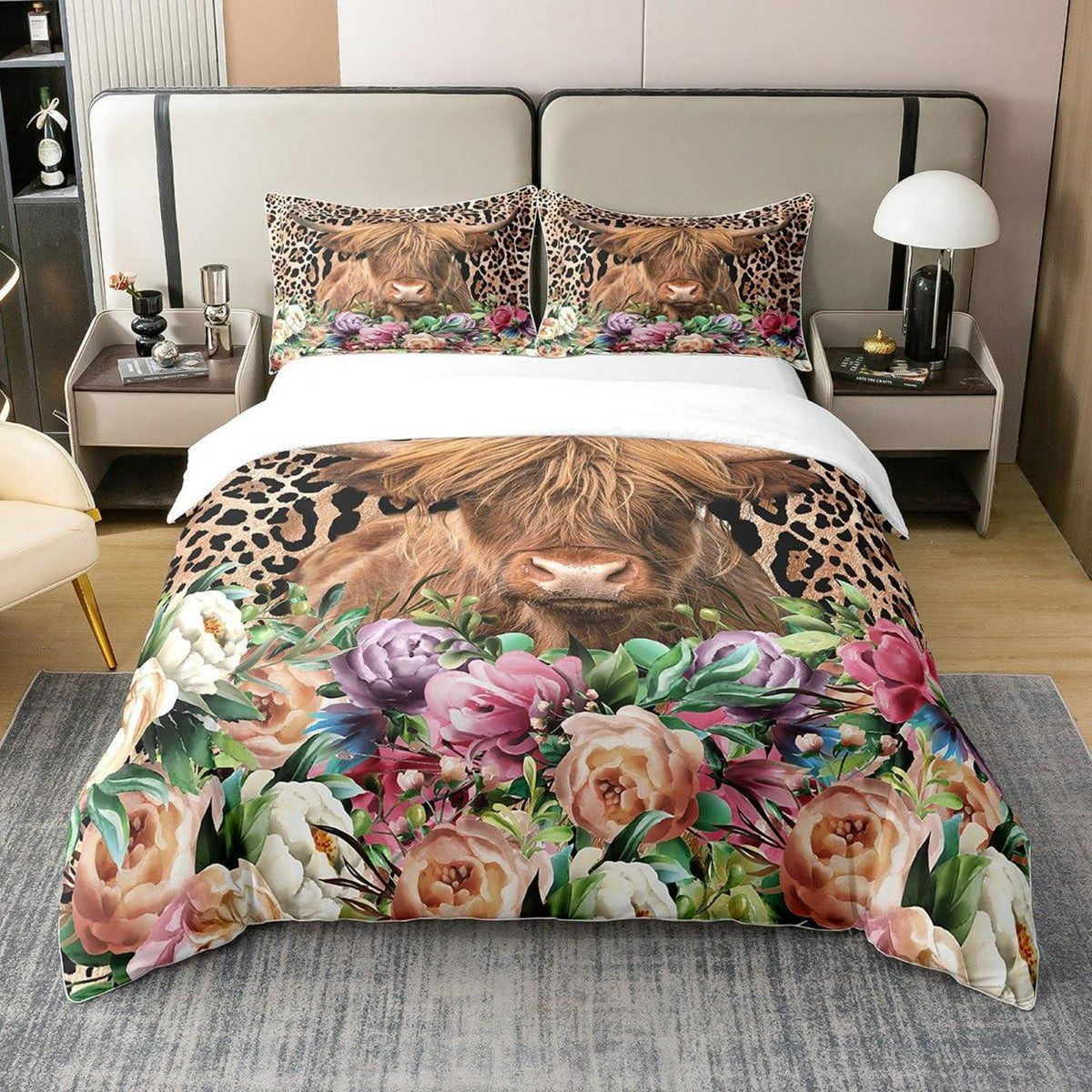 Hochland Kuh Bettwäsche Set 220x240 Baumwolle Leopard Print
