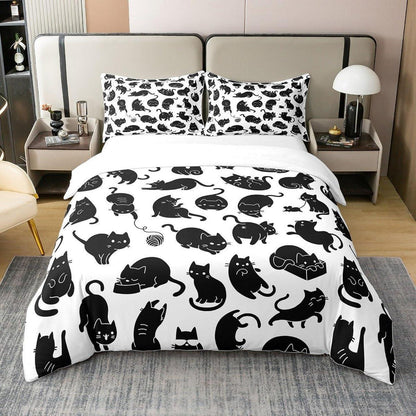 Katzen Bettwäsche Set 200x200 - Bio Baumwolle Schwarz Weiß