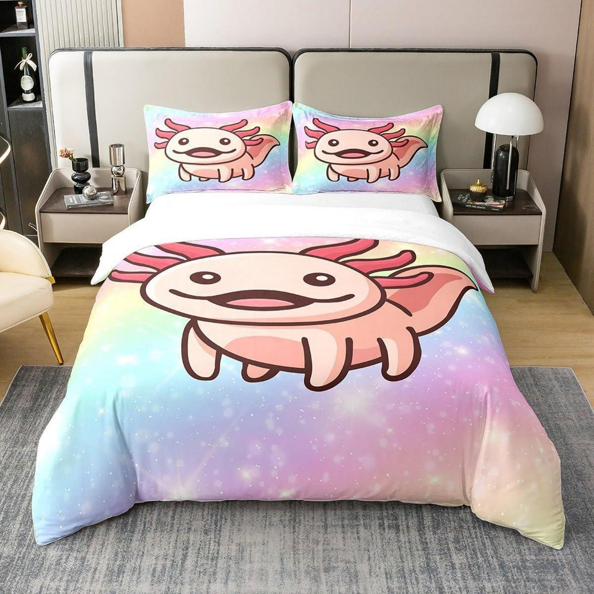 Axolotl Baumwoll Bettbezug Set 220x240 - Pastell Regenbogen Sterne