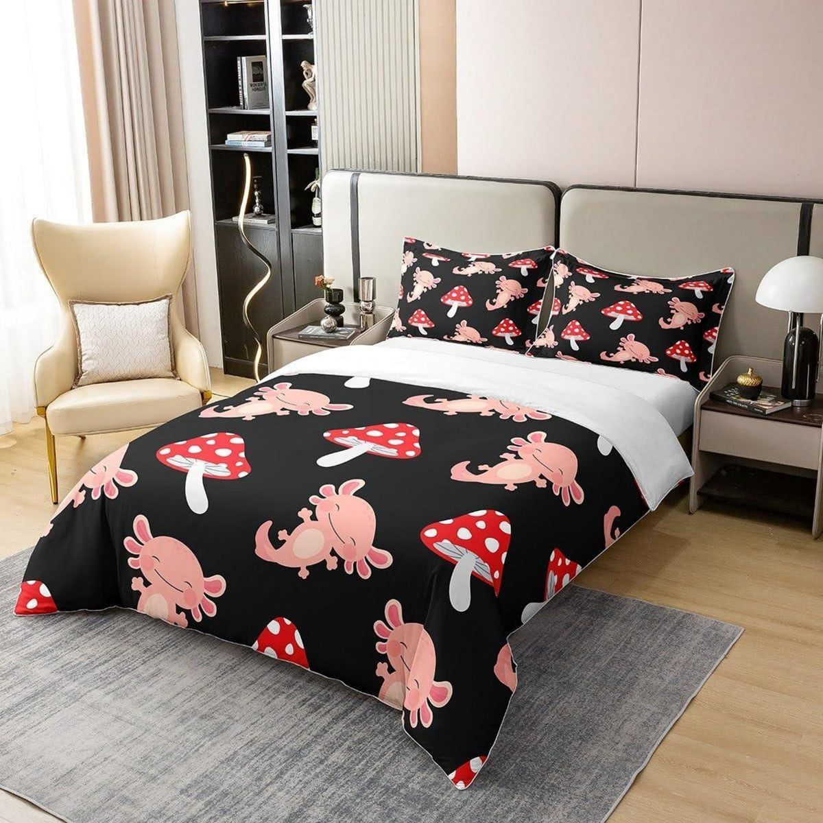 Süßer Pilz Baumwoll Bettbezug Set Kawaii Axolotl Rosa Bettwäsche