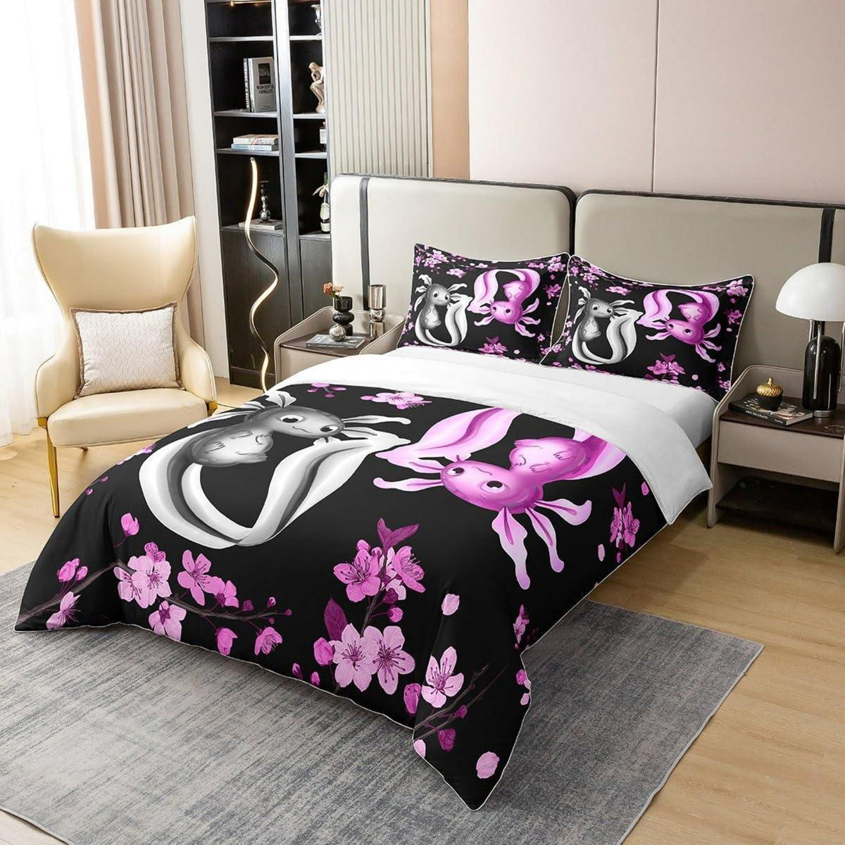Kawaii Axolotl Bettwäsche Set 200x200 Baumwolle Rosa Schwarz
