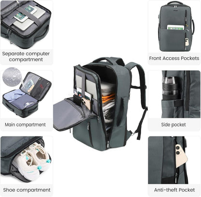 LOVEVOOK Rucksack Handgepäck Schuhfach, Wasserdicht 17 Zoll, leichte Reisetasche, Cabin max 55x40x20, Koffer für Flugzeug, Urlaub, Wandern, Grau